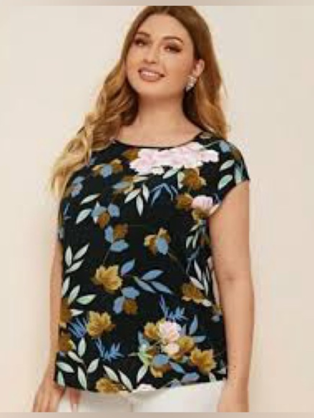 SHEIN Plus Size 3XL Black Floral Blouse with Pink, Blue, and Yellow Flowers